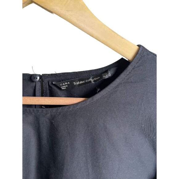 Zara Black Floral Embroidered Boho Mini Dress Large Balloon Ruffle Tie Sleeves - Picture 7 of 8